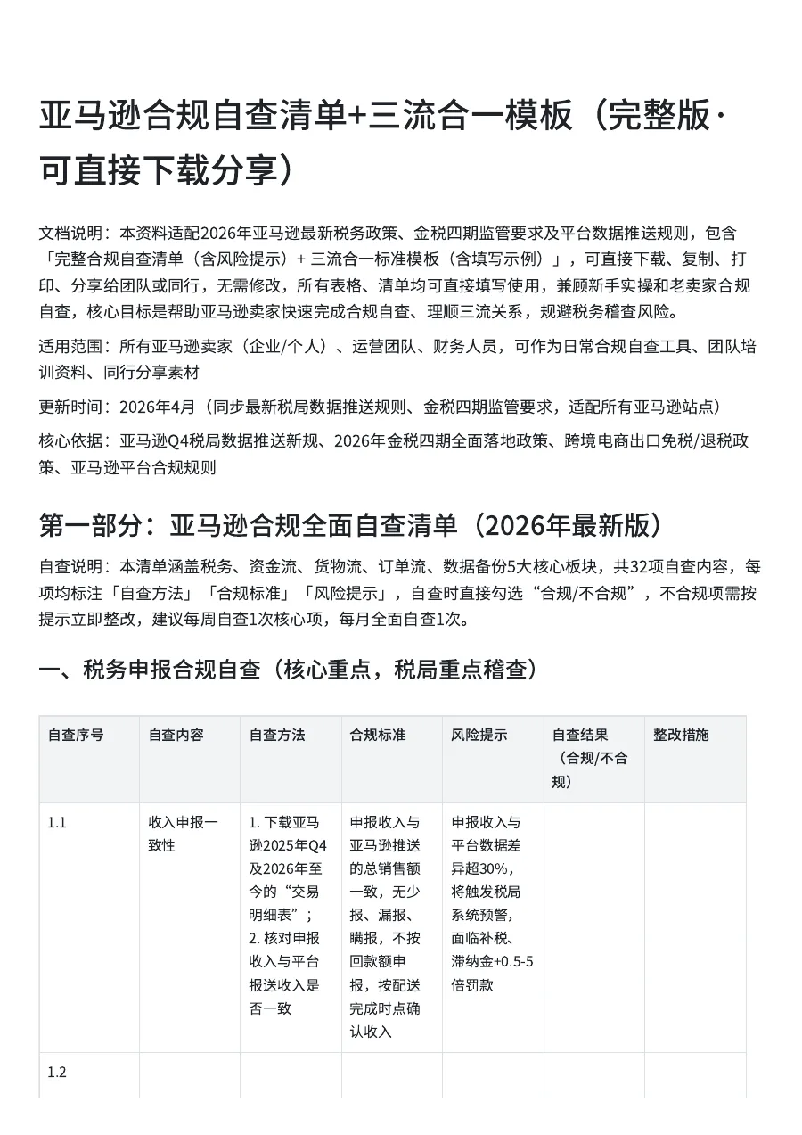 亚马逊合规自查清单+三流合一模板（完整版）-10页-文章封面图