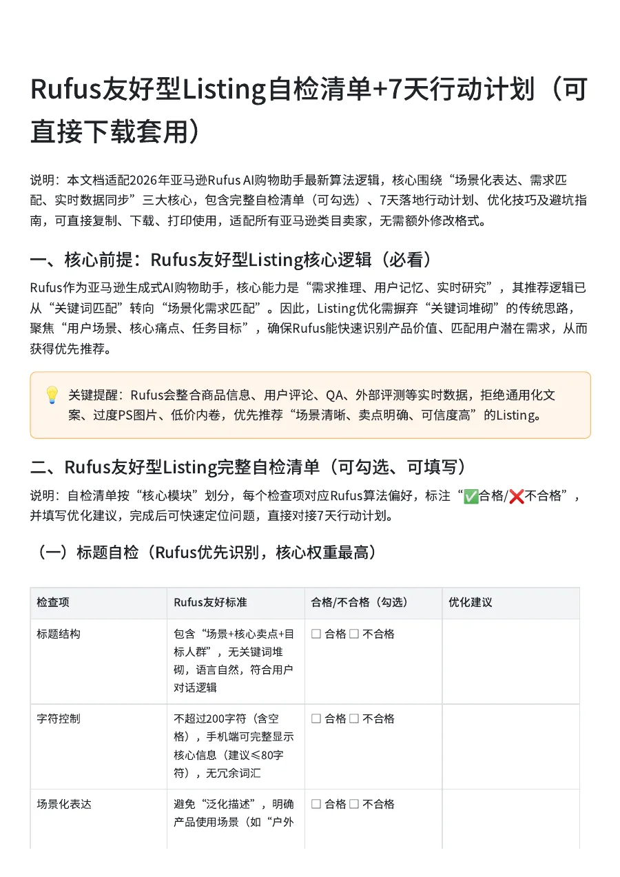 Rufus友好型Listing自检清单与7天优化计划-9页-文章简介图
