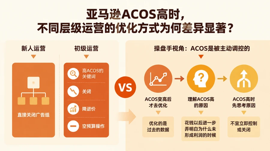 亚马逊ACOS高时,不同层级运营的优化方式为何差异显著? 文章主题框架图