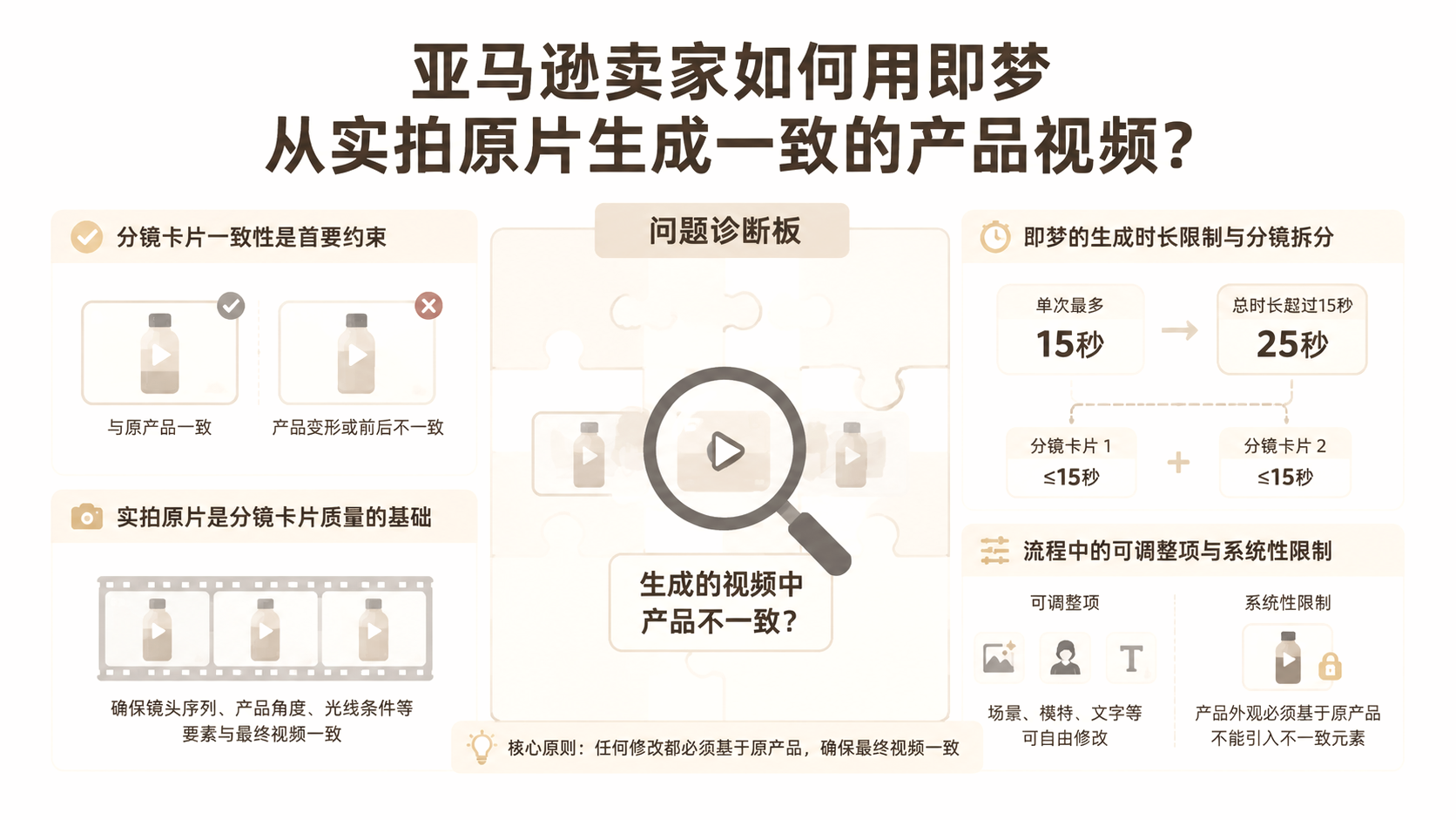 亚马逊卖家如何用即梦从实拍原片生成一致的产品视频？ 文章主题框架图