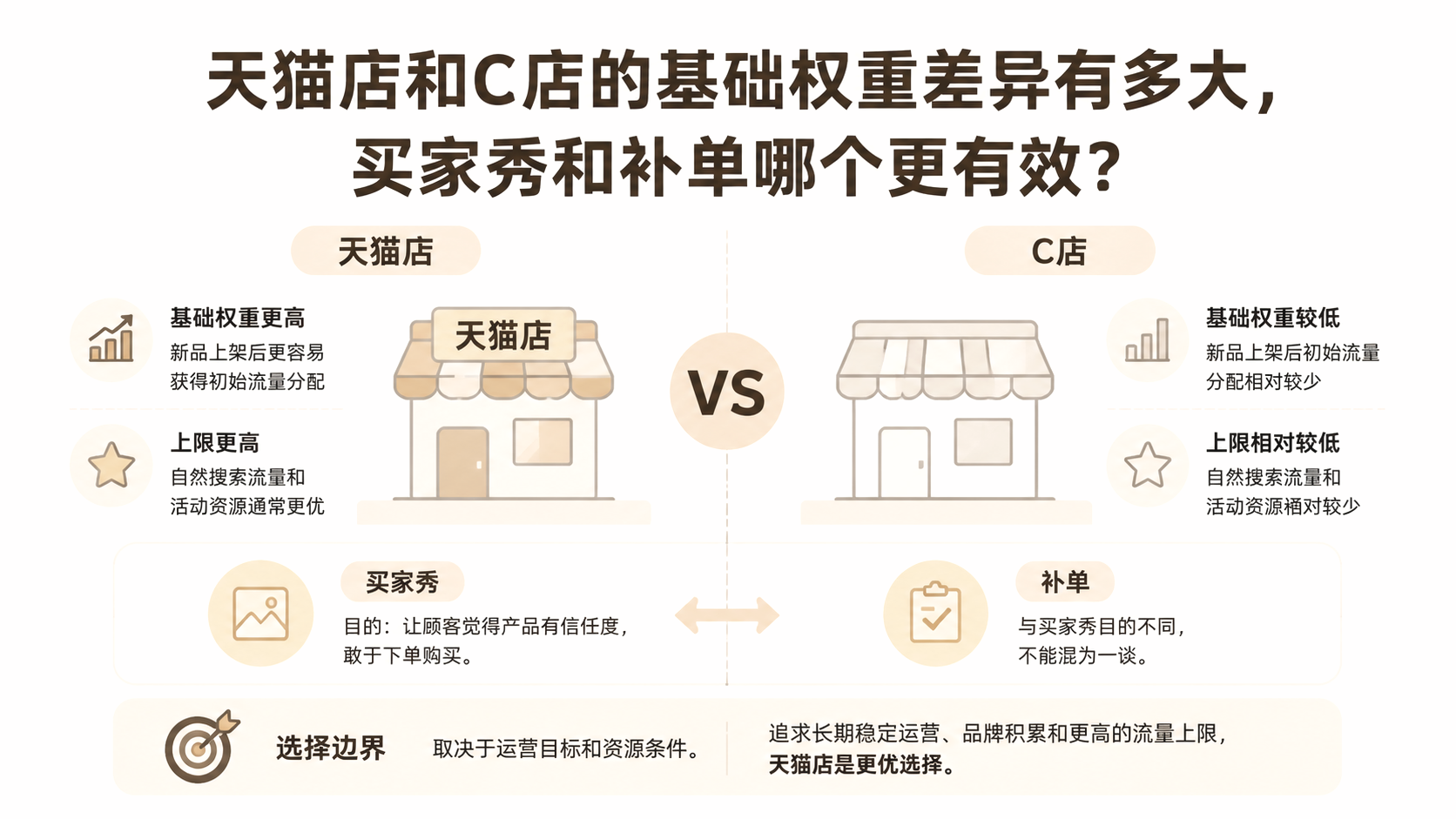 天猫店和C店的基础权重差异有多大,买家秀和补单哪个更有效? 文章主题框架图