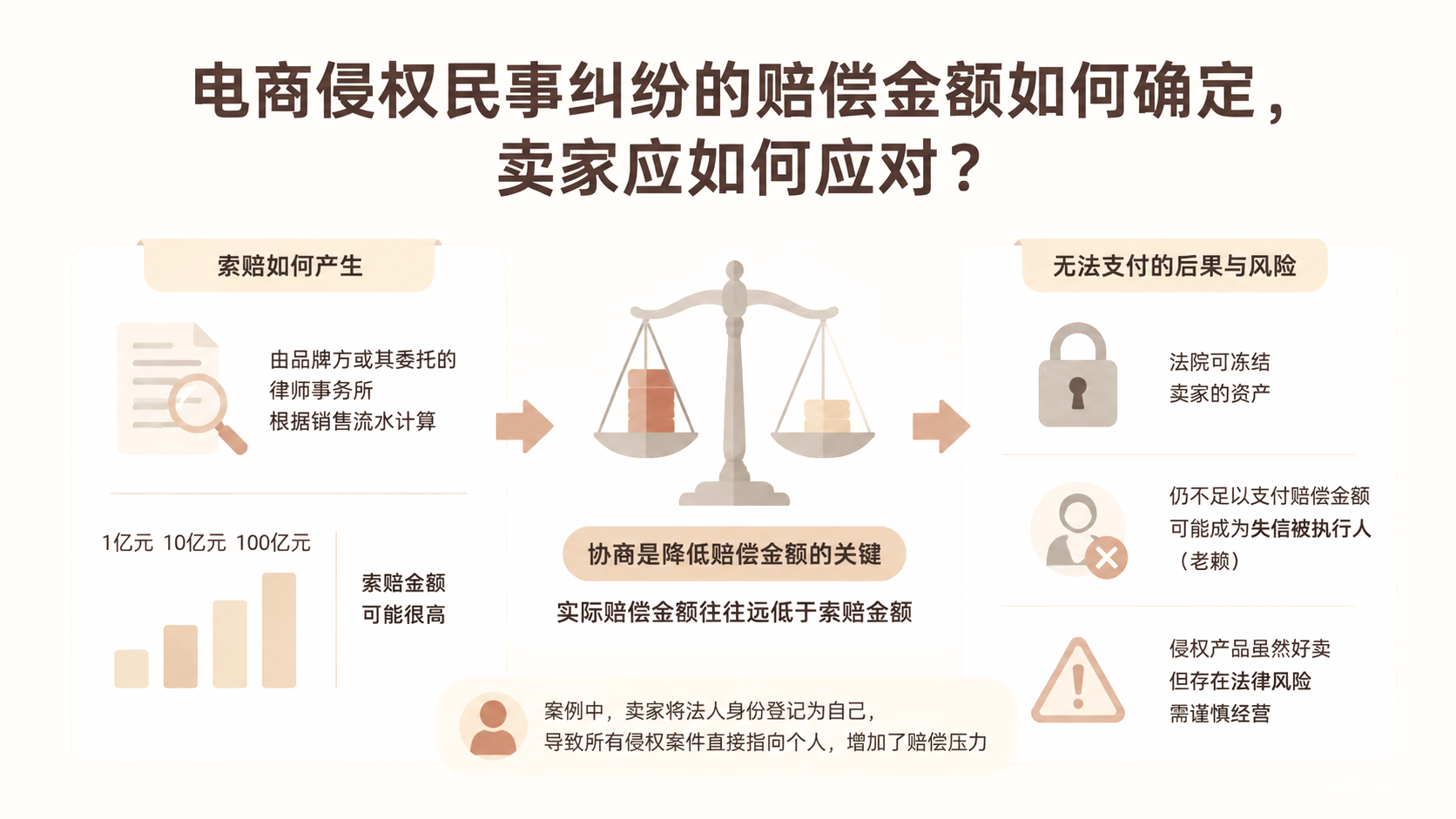 电商侵权民事纠纷的赔偿金额如何确定,卖家应如何应对? 文章主题框架图