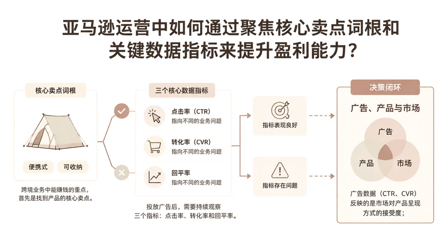 亚马逊运营中如何通过聚焦核心卖点词根和关键数据指标来提升盈利能力? 文章主题框架图