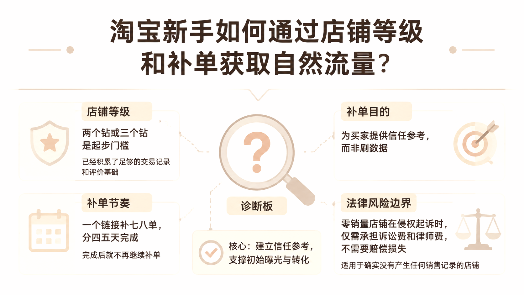 淘宝新手如何通过店铺等级和补单获取自然流量？ 文章主题框架图