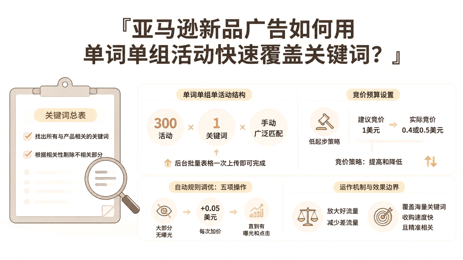 亚马逊新品广告如何用单词单组活动快速覆盖关键词? 文章主题框架图