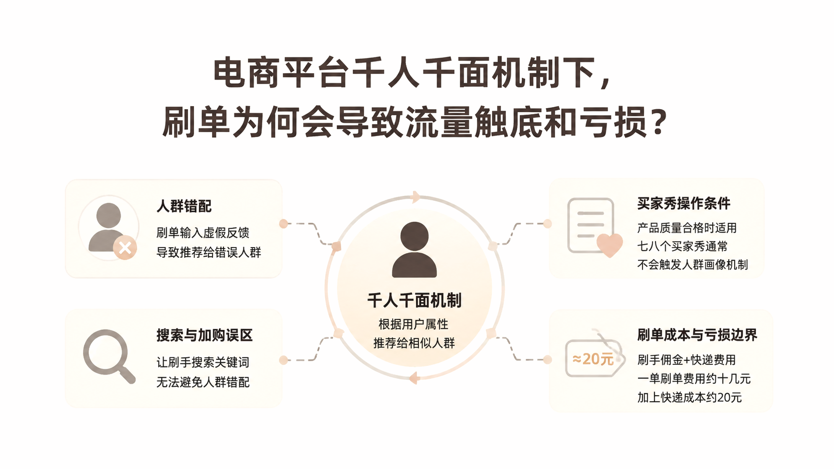 电商平台千人千面机制下,刷单为何会导致流量触底和亏损? 文章主题框架图