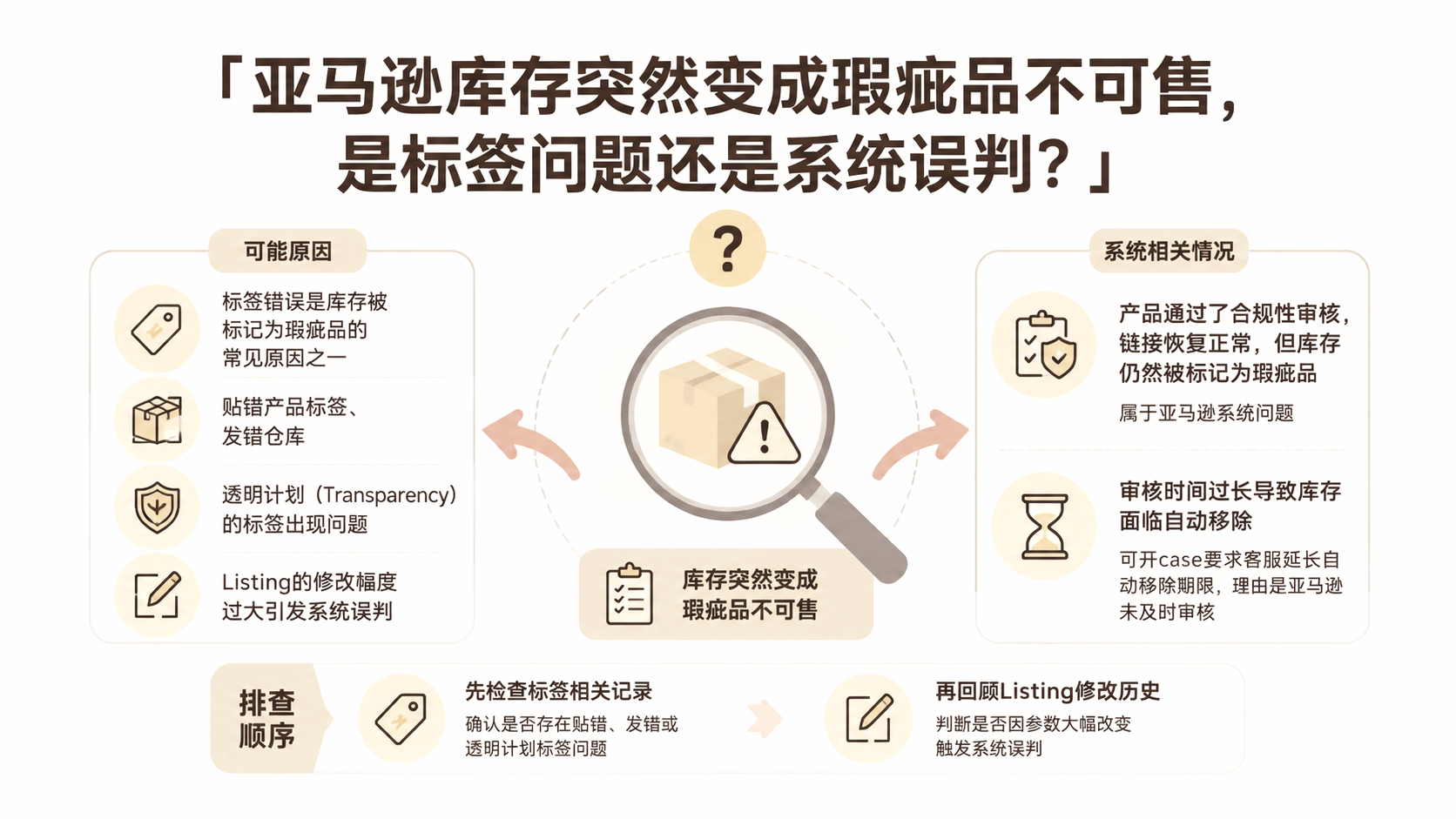 亚马逊库存突然变成瑕疵品不可售,是标签问题还是系统误判? 文章主题框架图