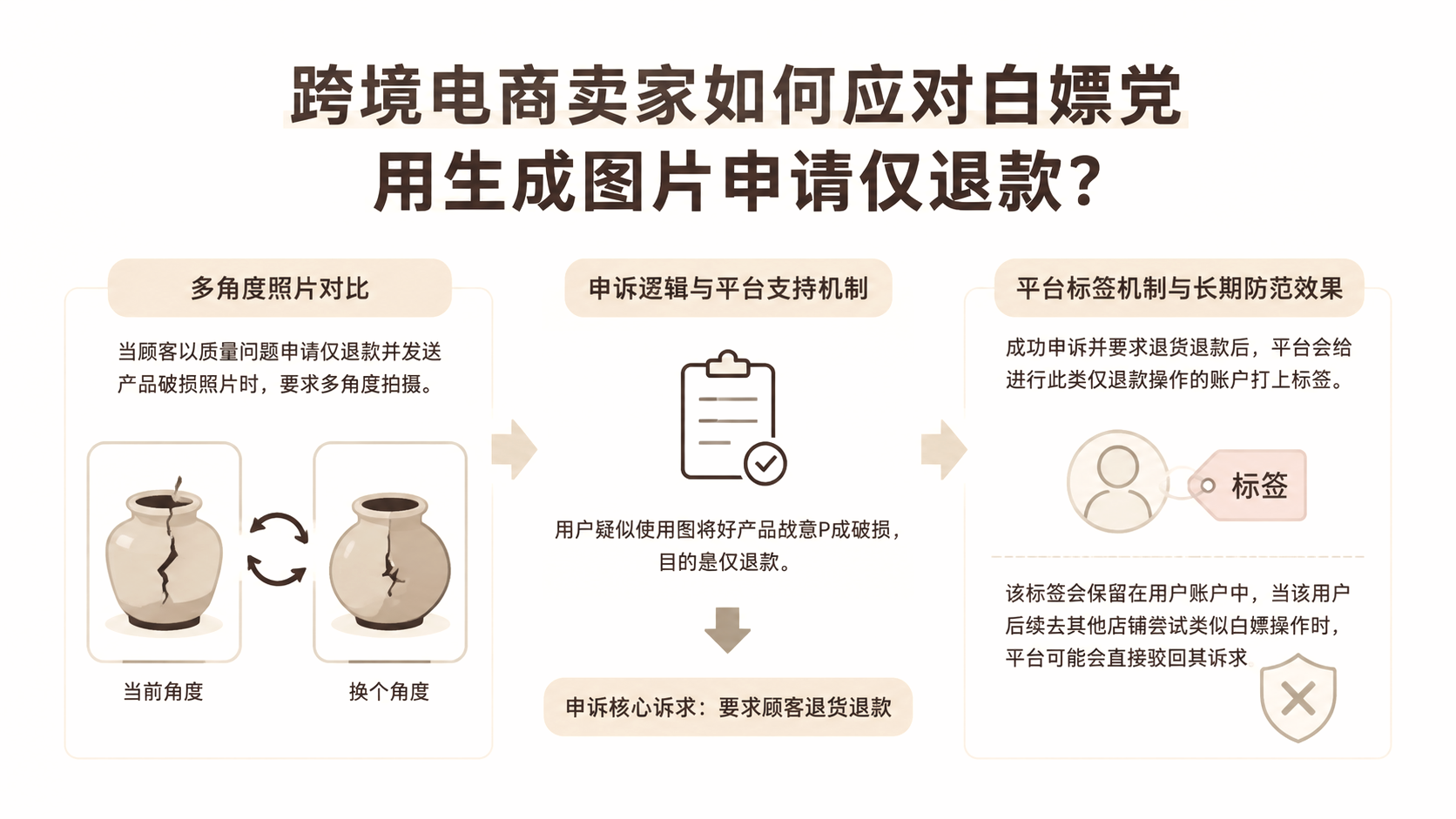 跨境电商卖家如何应对白嫖党用生成图片申请仅退款? 文章主题框架图