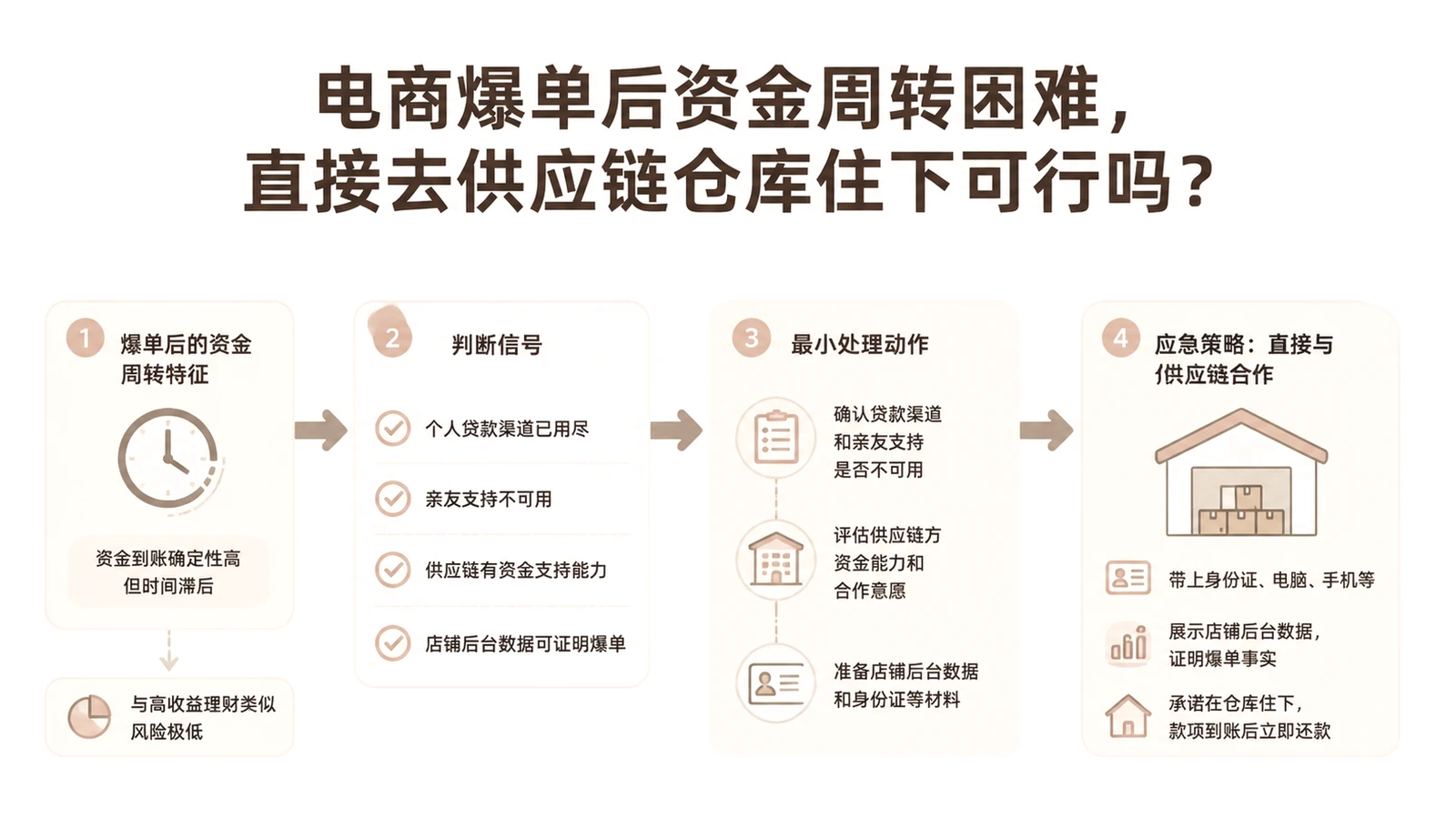 电商爆单后资金周转困难,直接去供应链仓库住下可行吗? 文章主题框架图