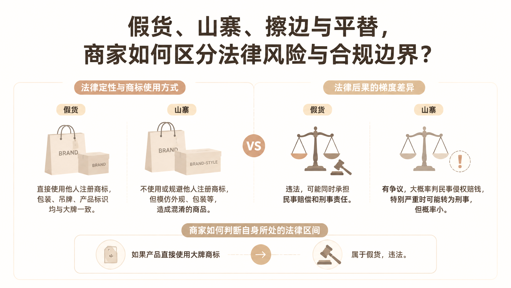 假货、山寨、擦边与平替,商家如何区分法律风险与合规边界? 文章主题框架图