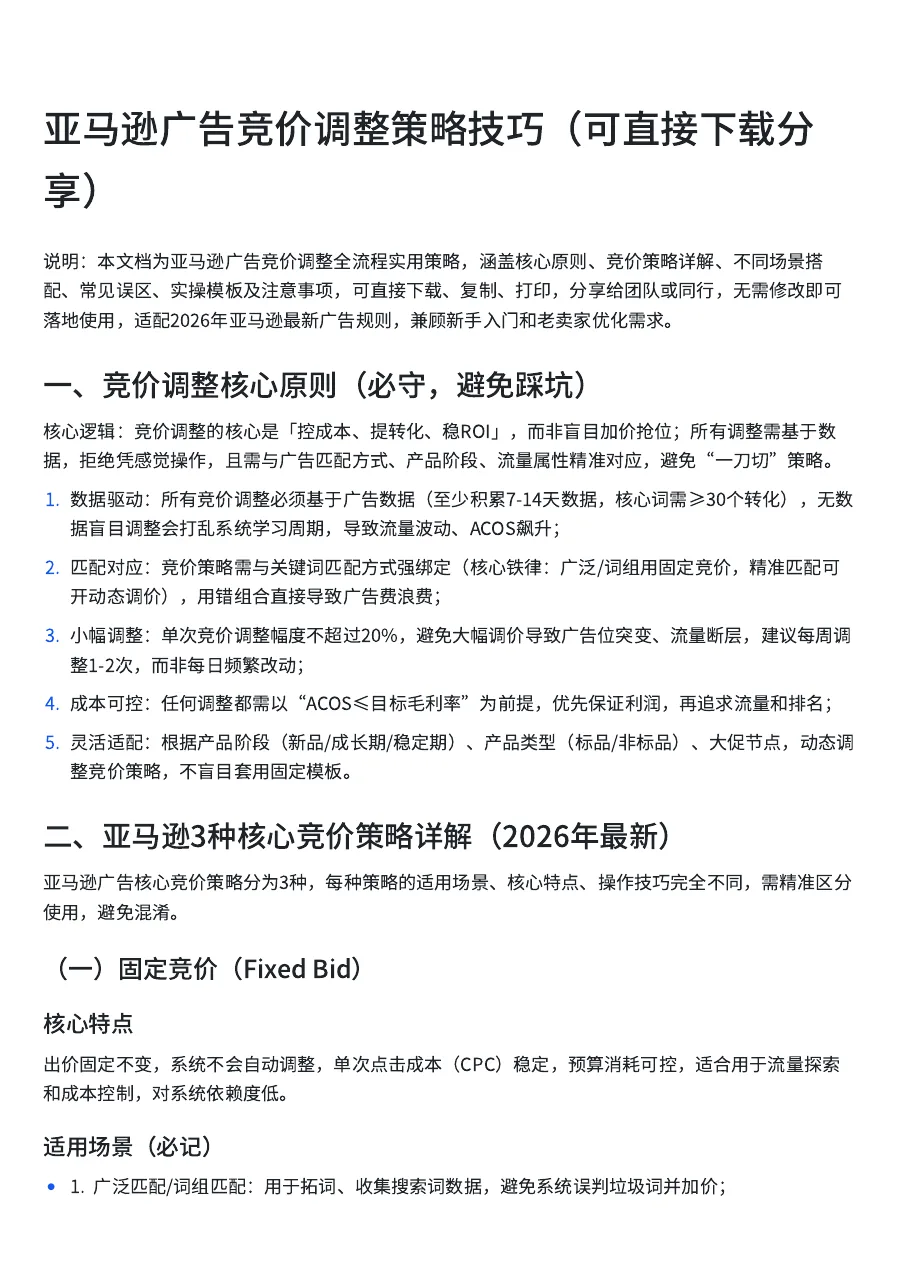 亚马逊广告竞价调整策略技巧-8页-文章简介图