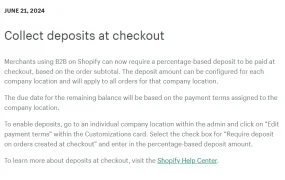 服务动态｜Shopify B2B订金收取功能上线 公司资料管理扩容至【10000】地点
