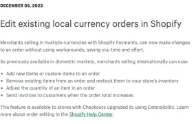 服务动态｜Shopify支持高效编辑现有当地货币订单 多货币商家操作简化